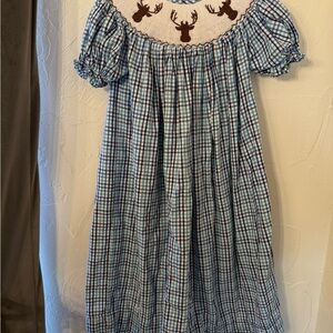 Pleats and stitches smocked Blue Plaid Kids Dress with Deer Design